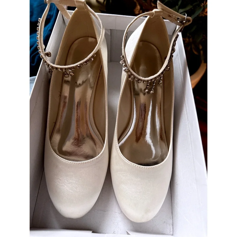 Ivory Bridal Wedges Crystal Rhinestone Anklet Strap Jeweled Wedding Heels 3in